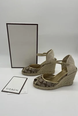 Coach Kimmy Wedge Sandals Khaki Gold Signature Size 7B Espadrille Straw Heels - Image 1 of 4