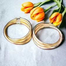 Vintage Triple Hoop Earrings Gold Tone Pierced Post Earrings 2"
