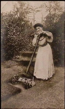 Genuine Philadelphia Lawn Mower Advertising RPPC Woman Mowing Grass c1910s