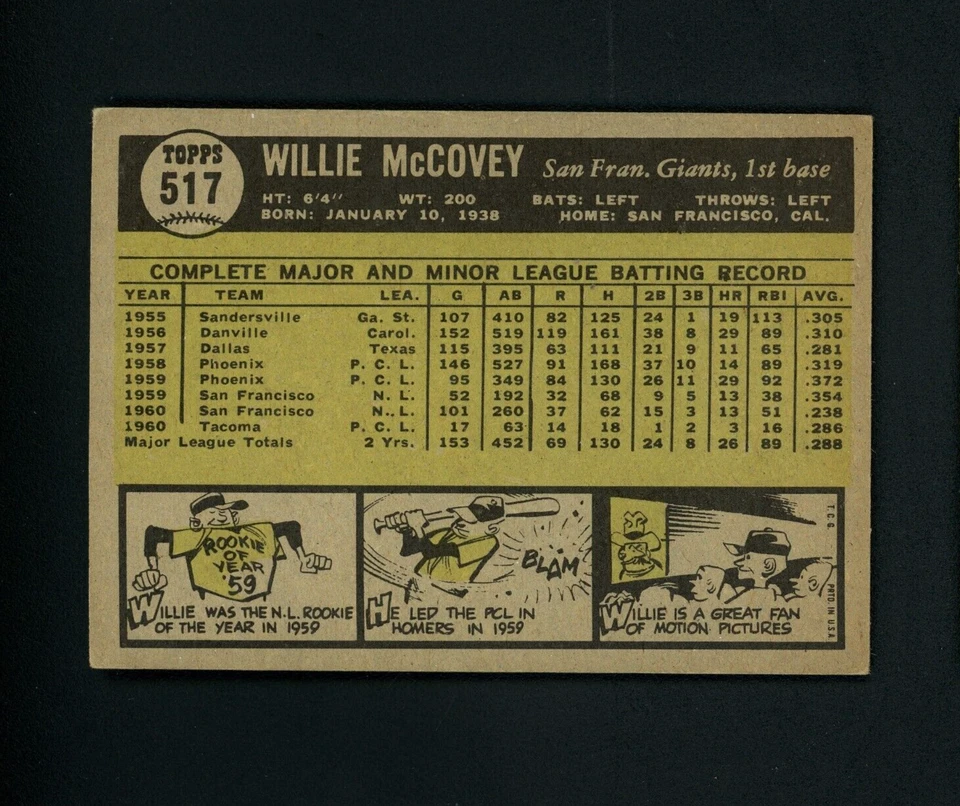 Willie McCovey 1961 Topps (HOF) Gigantes de San Francisco #517 EX-MT Foto 2 de 2