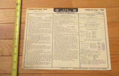 Cadillac Eight 1958 Car Automobile Tune Up System Chart Diagram | eBay