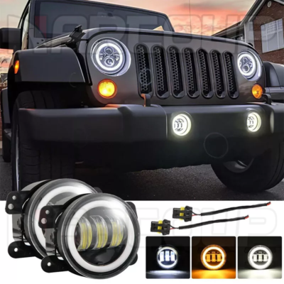 4" Round LED Fog Lights With Halo DRL - For Jeep Wrangler JK JL Gladiator, Black Housing, 6000K