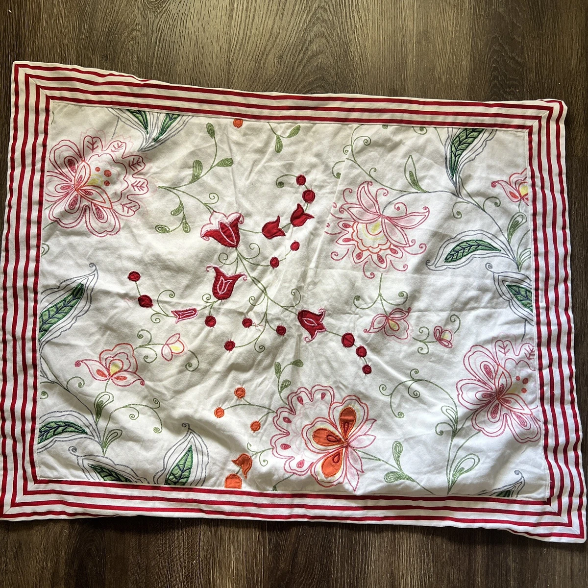 Tommy Hilfiger Pillow Sham Case Embroidered Flower Stripe White Standard