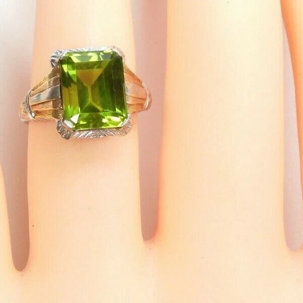 Antique Art Deco Natural Peridot 10K Multi-Tone Ring Size 4 UK-H 3CT + - Image 2 of 4