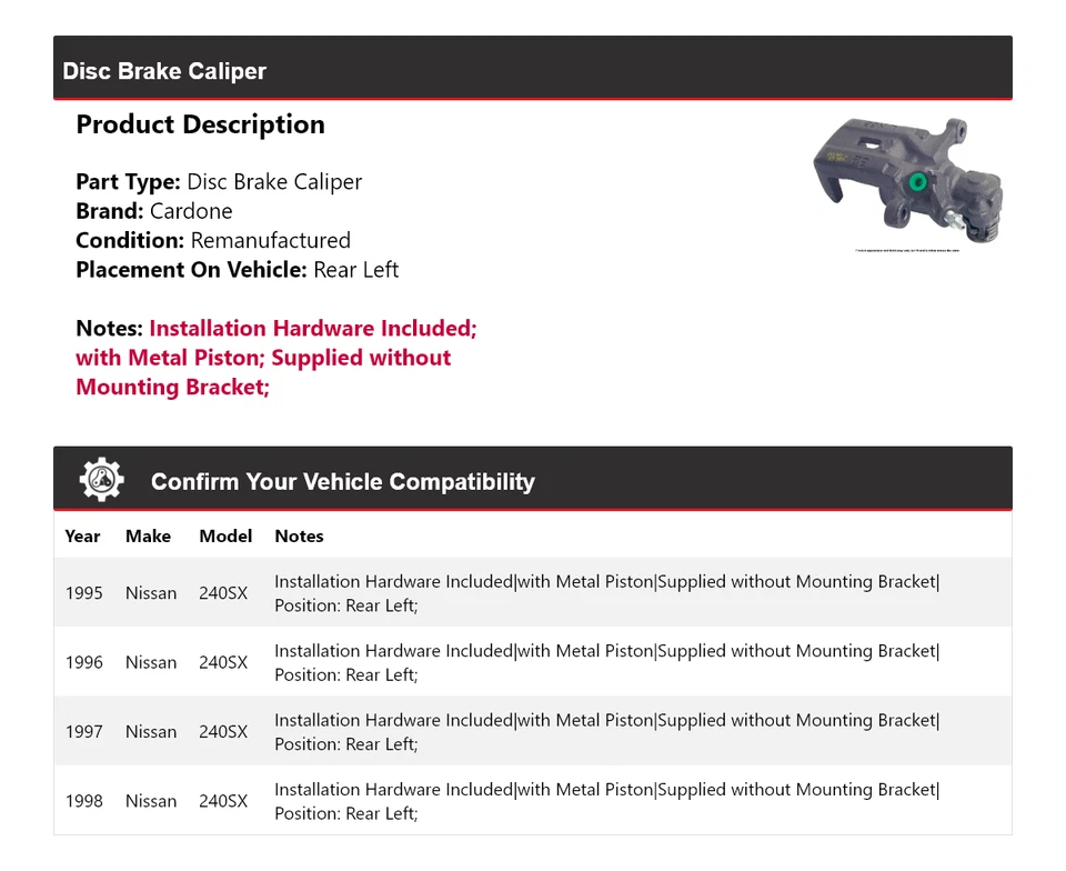 Pinza de freno de disco trasera izquierda cardone 1996 1997 para Nissan 240SX 1995-1998 Foto 2 de 4
