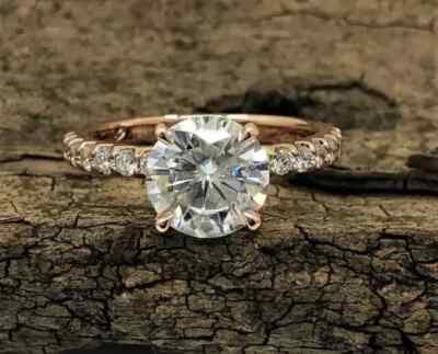 3.20Ct Round Cut Real Moissanite Solitaire Engagement Ring 14K Rose Gold Plated