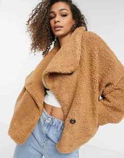 Free People Izzy Wrap Cropped Teddy Jacket, Taupe Brown, Medium, Rrp $140