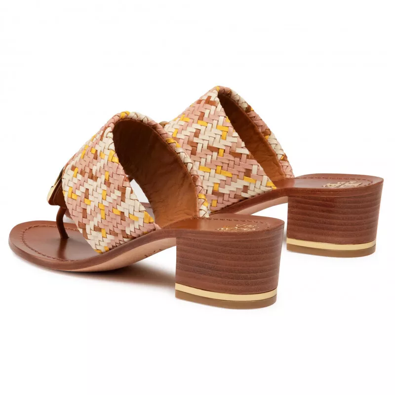 Tory Burch PATOS DISK MID-HEEL SANDAL Woven Neutral Pink Gold Accent Details Tory Burch PATOS DISK MID-HEEL SANDAL Woven Neutral Pink Gold Accent Details