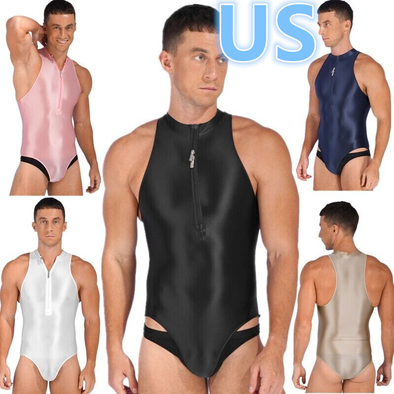 Men Glossy Tank Bodysuit Zipper Front Rompers Swimsuit One Piece Bathing  Suit