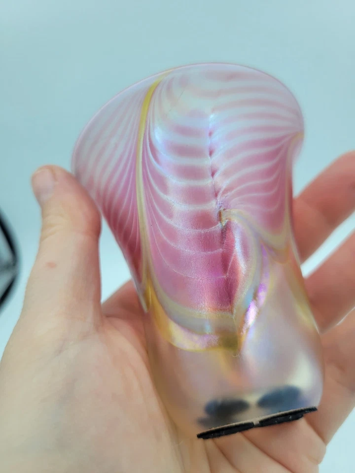 STEVEN CORREIA ART GLASS 3" TALL Pink Gold PULLED FEATHER Coctail Glass - Image 4 of 4