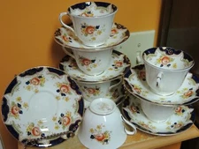 6 Sampson Bridgwood & Son Anchor China Cup Saucer Cobalt Gold floral Dawlish