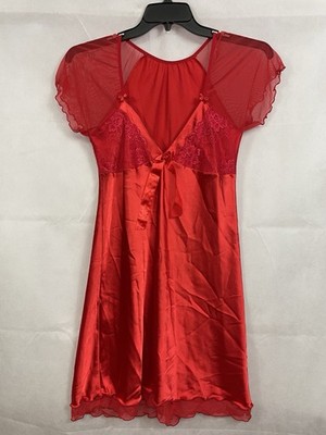 Red Satin Lace Chemise Nightgown Sexy Lingerie Size XL Ruffle Bow Plunge V-neck