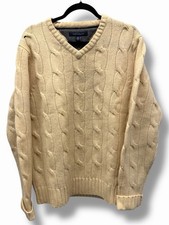 Tommy Hilfiger Cable Knit Jumper Sweater Mens M Cream Lambswool V-Neck Pullover