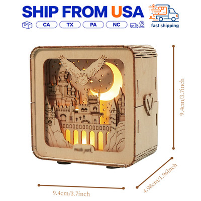 3D Model DIY Wooden Castle Puzzle With LED Lights Music Box Hands Kit Adult Gift