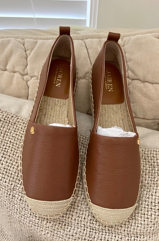 New Lauren Ralph Lauren Cameron Espadrille Brown Leather Flats Shoes Sz 9