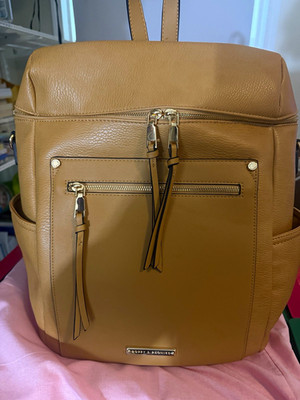 Poppy & Peonies Camel Pebbled Backpack Gold Hardware Zip Pockets