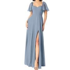 NWT Azazi Chloe Dusty Blue Chiffon A-Line Bridesmaid Dress Size 2 Flutter Sleeve