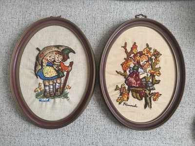 pair of vintage Hummel needlepoint pictures embroidered of children oval frames