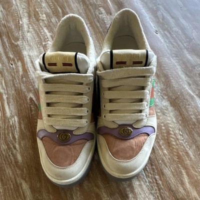 Gucci Beige Purple Green Red Leather Logo Lace Up Casual Sneakers US 37