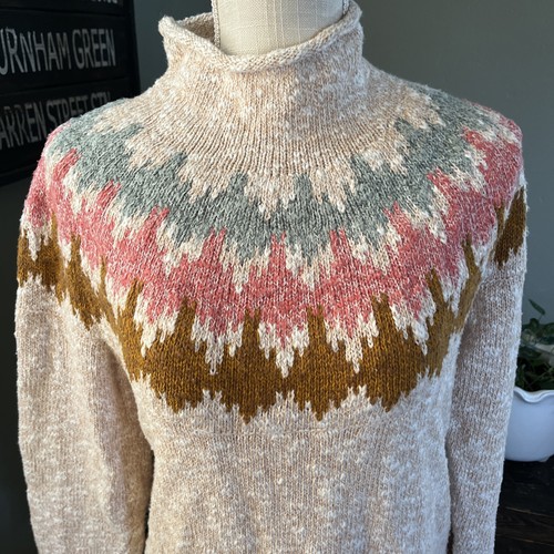 LL Bean Cotton Oatmeal Nordic Fair Isle Funnel Neck Pullover Womens Sweater Med - Afbeelding 3 van 7