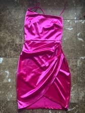 Windsor one shoulder Hot Pink Satin Mini Dress Spaghetti Strap Asymmetrical XS/S