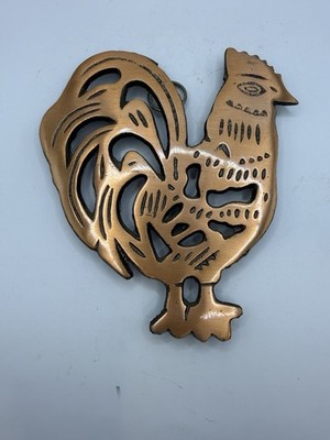 Vintage 1995 Rooster Copper Color Heavy Cast Iron Trivet Footed Wall Hanging