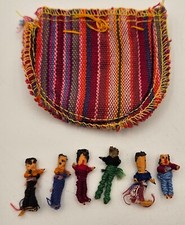 Vtg 6 Pc Mini Guatemalan Worry Trouble Dolls w/Cloth Pouch 1"
