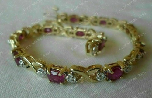 9 CT Oval Cut Ruby & Diamond Women's Tennis 7" Bracelet 14K Yellow Gold Plated - Picture 4 of 9