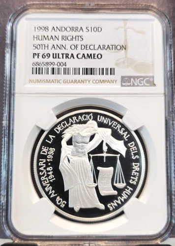 1998 ANDORRA SILVER 10 DINERS S10D HUMAN RIGHTS NGC PF 69 ULTRA CAMEO