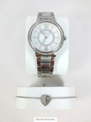 NEW Michael Kors Gabbi Silver Crystal Watch & Heart Bracelet