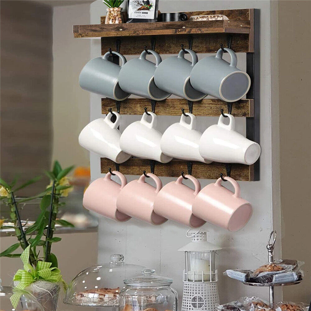 Large Rustic Wooden Coffee Mug Rack Wall Mounted Cup Holder Home Coffee Bar Deco