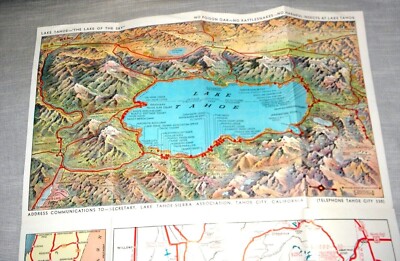 VINTAGE LOVELY PANORAMIC MAP MAPS LAKE TAHOE CALIFORNIA NEVADA RESORTS BY EDDY