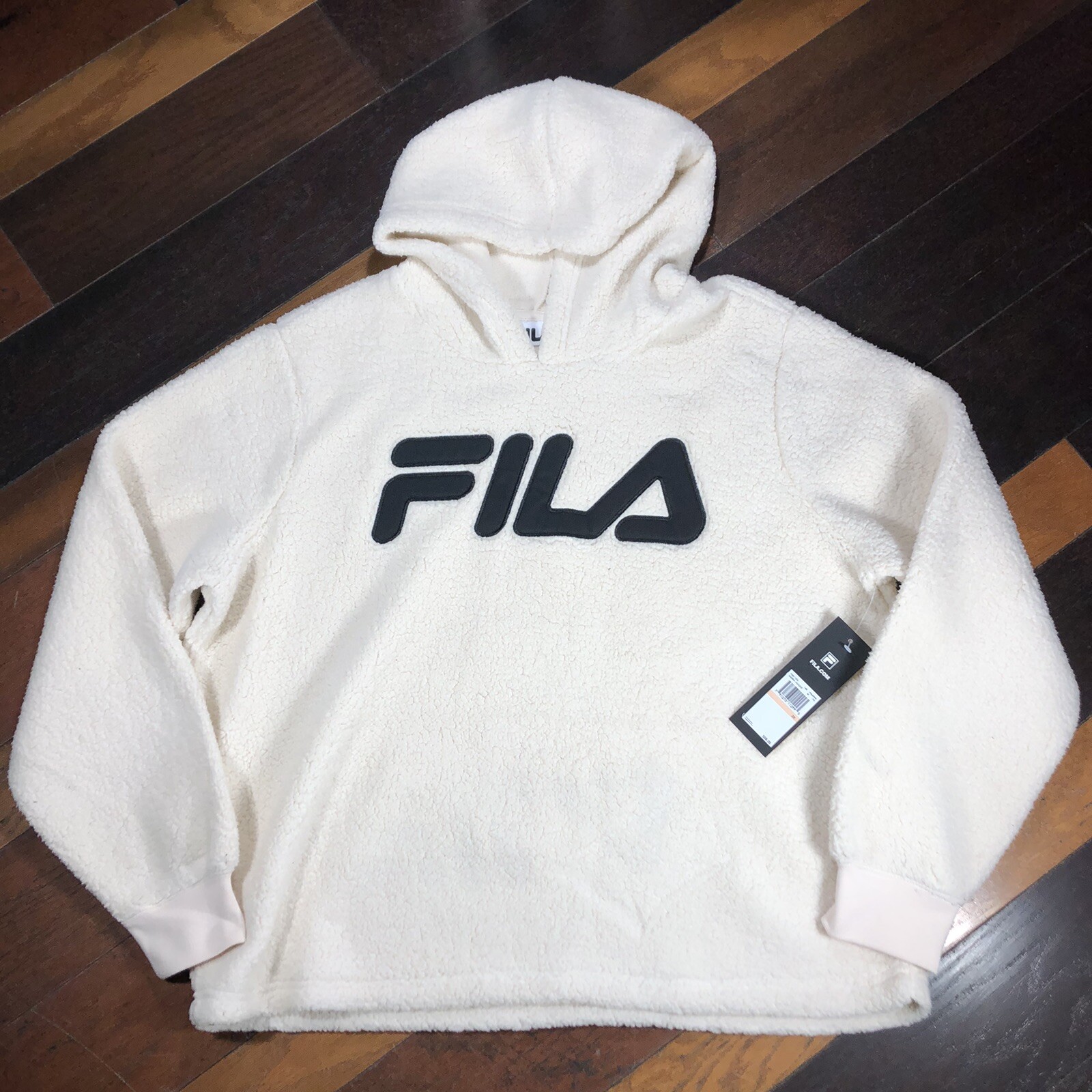 Fila Soft Sherpa Felpa con Cappuccio Crema Nero Logo Boxy Pullover Donna Tg Più 2X Nuovo