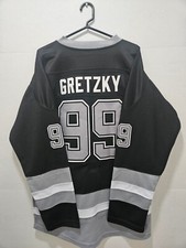 WAYNE GRETZKY 99 STITCHED LA HOME BLACK GREY HOCKEY JERSEY THE GREAT ONE LARGE