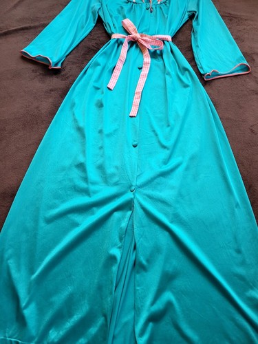 Vintage 70s Flower Teal Maxi Dress Dressing Gown Robe Tie Waist Mod Size S/M - Picture 2 of 9