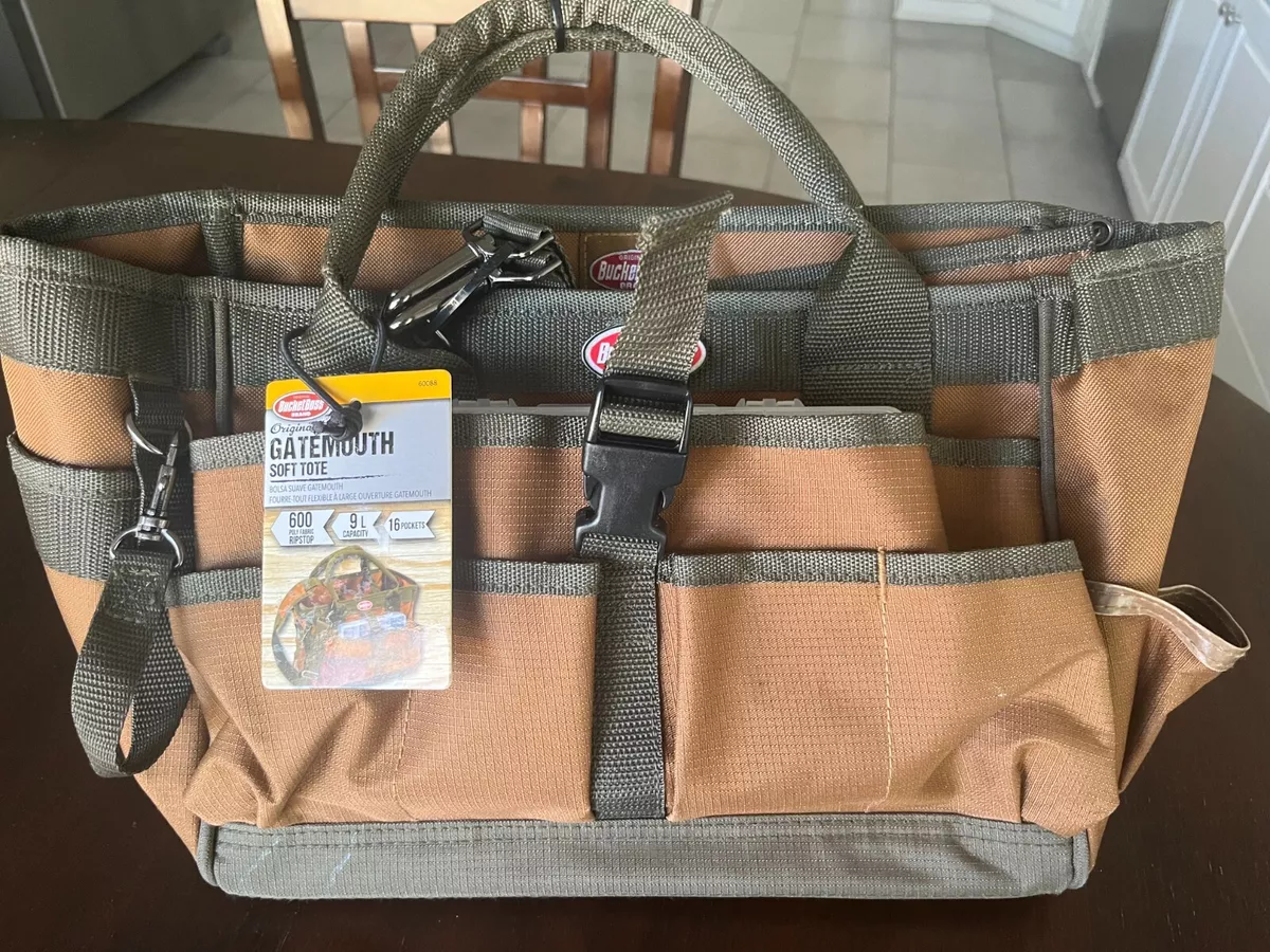 Bucket Boss GateMouth Soft Tool Tote Brown Green Trim 16 pocket