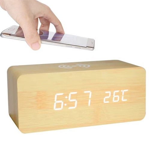 Sveglia da comodino digitale in legno LED Qi ricarica wireless batteria USB 3 sveglia - Foto 5 di 10