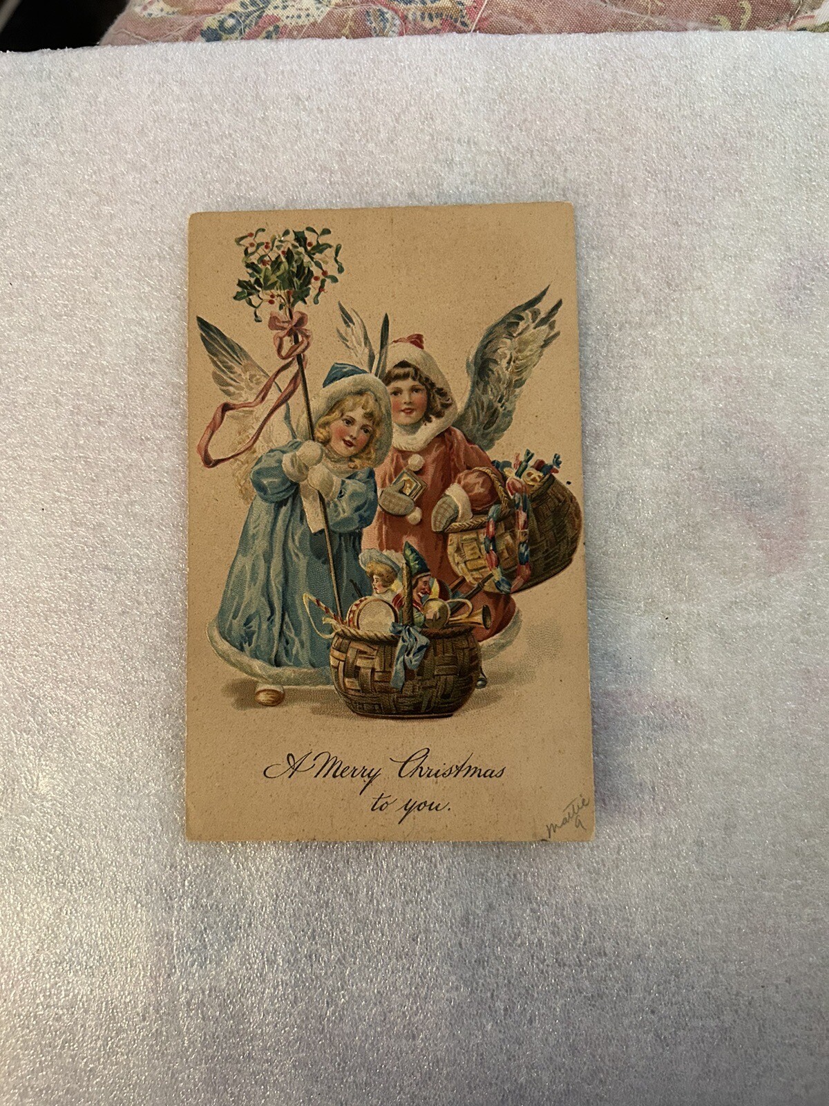 Christmas Postcard Joyful Velvet Coated Angels Deliver Gifts in Wicker