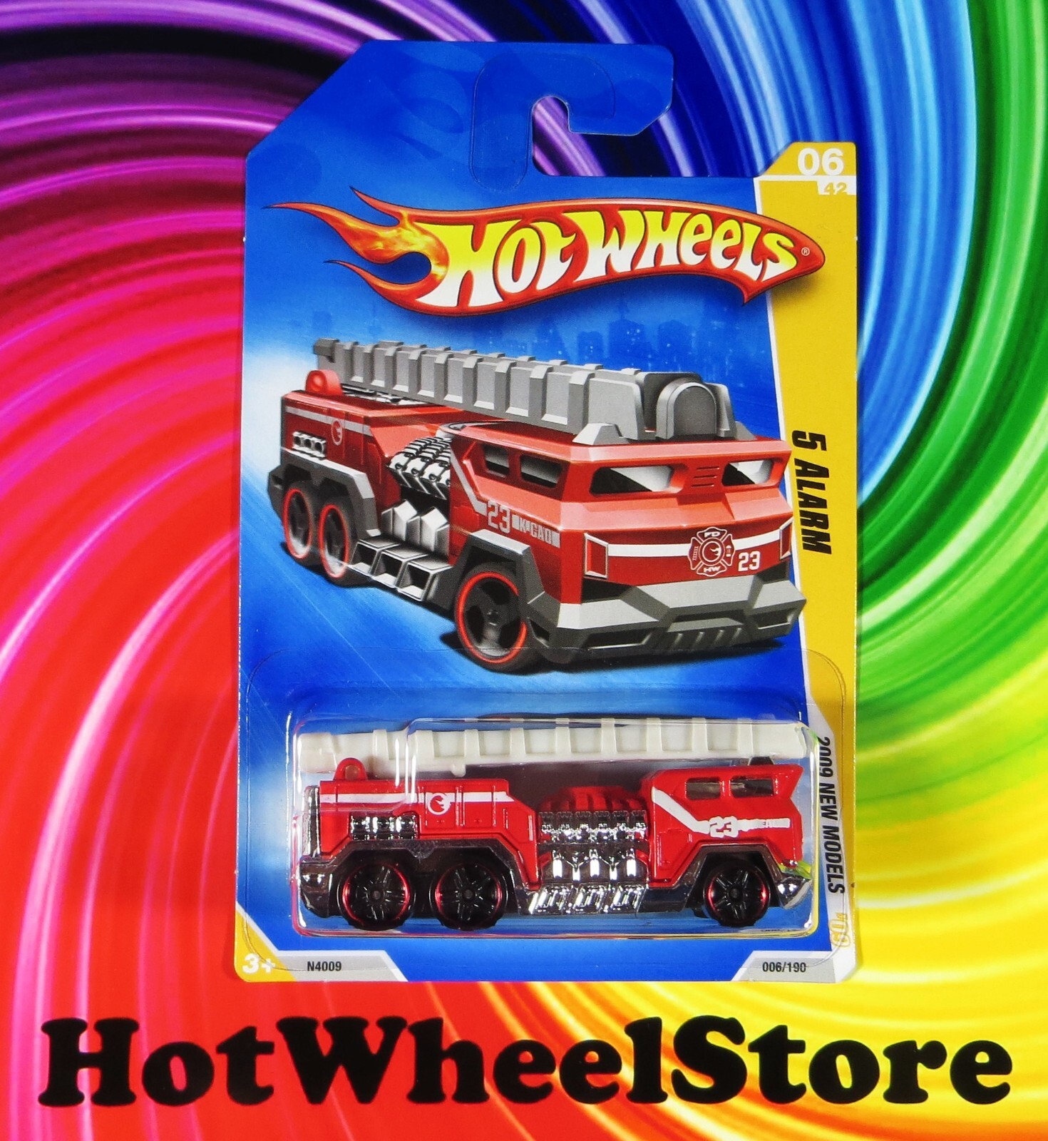 2009  Hot Wheels  NEW MODELS   Red   5 ALARM FIRE ENGINE  Card #006  HW18-011724