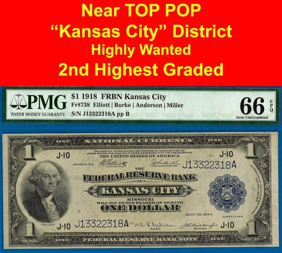 1918 $1 National Currency PMG 66EPQ - 2nd Finest - FRBN Kansas City - Fr 738 - Image 3 of 4