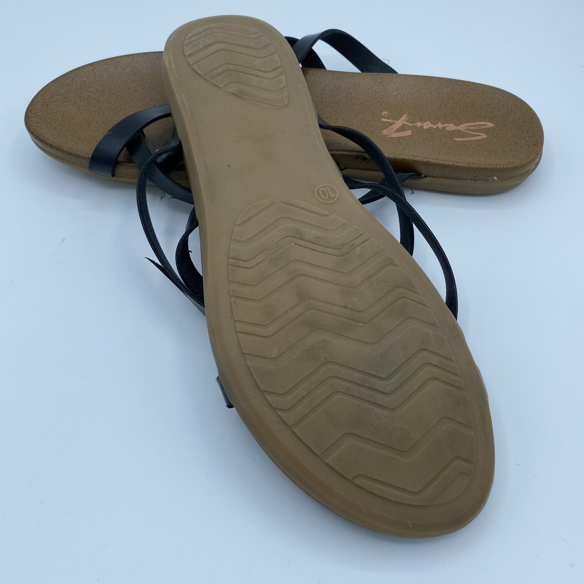 Seven7 Black Leather Sandals Strappy Flip Flops Womens Size