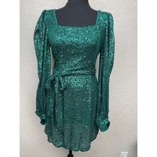 Lulus Emerald Green Sequin Mini Dress NWT Long Puff Sleeve Square Neck Belted-S