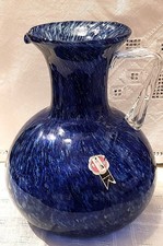 Empoli Henkelvase/Karaffe Überfangglas blau-weiß/Wirbeloptik/1970er/25 cm/1,6 Kg
