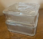 2- Vintage Federal Glass Ribbed 8.5" Refrigerator Dish w/Embossed Vegetable Lid