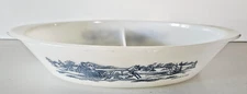 Glasbake CURRIER & IVES Blue SLEIGH Milk Glass Divided OVAL Serving Bowl J-2352