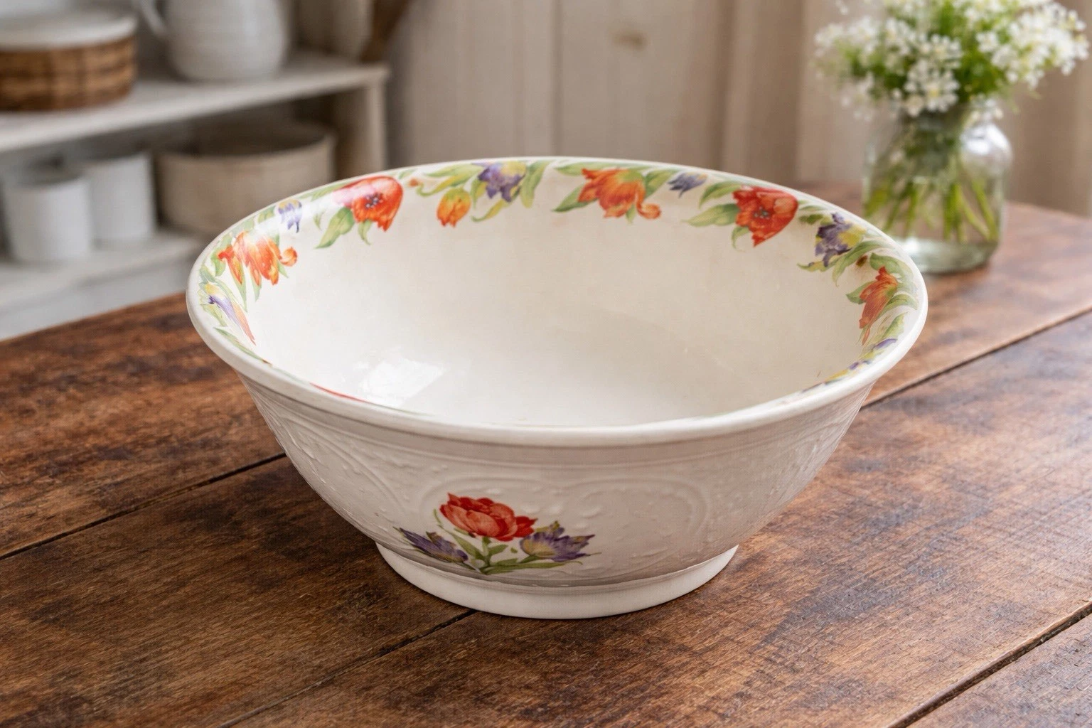 Hotozen Floral Mixing Bowl 11” Made in USA Embossed Tulip Design Farmhouse VTG
