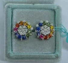 1.1Ct Lab Created Rainbow Multicolor Cluster Stud Earrings 14K White Gold Plated