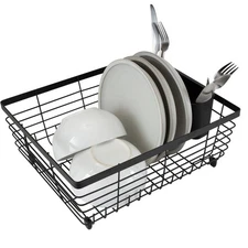 Kitchen Details Flat Wire Dish Drying Rack with Cutlery Basket Black