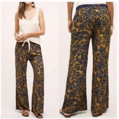 Hei Hei Anthropologie Tana XS Yellow Blue Gauzy Printed Wide Leg Pants 100% Rayo