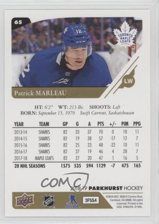 2018-19 Upper Deck Parkhurst Gold Patrick Marleau #65 - Image 2 of 2